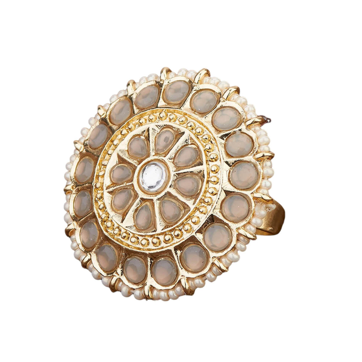 Kundan Pearl Ring with Gold Plating Vintage Round Statement Ring for Women Boho Open Wrap Finger Rings Adjustable Indian Bollywood Jewelry Hand Accessories for Wedding Party Gift - LoveNspire