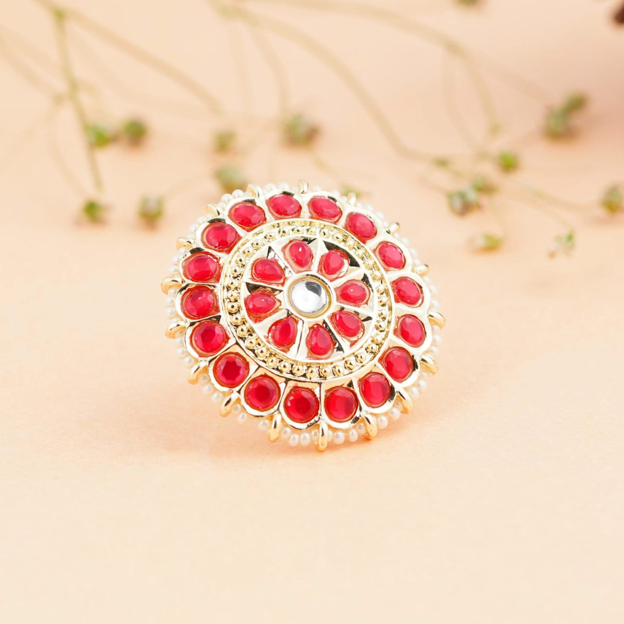 Kundan Pearl Ring with Gold Plating Vintage Round Statement Ring for Women Boho Open Wrap Finger Rings Adjustable Indian Bollywood Jewelry Hand Accessories for Wedding Party Gift - LoveNspire