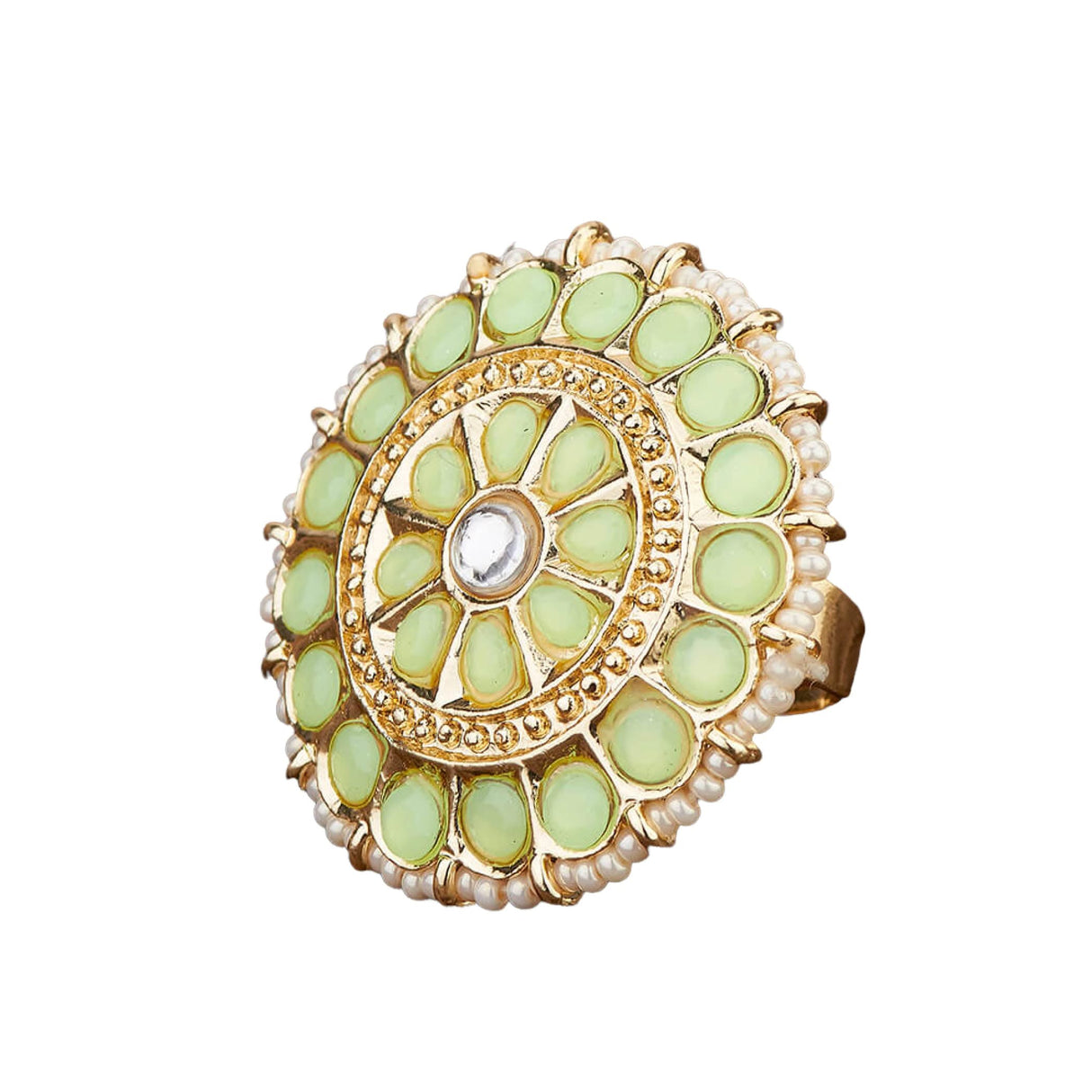 Kundan Pearl Ring with Gold Plating Vintage Round Statement Ring for Women Boho Open Wrap Finger Rings Adjustable Indian Bollywood Jewelry Hand Accessories for Wedding Party Gift - LoveNspire