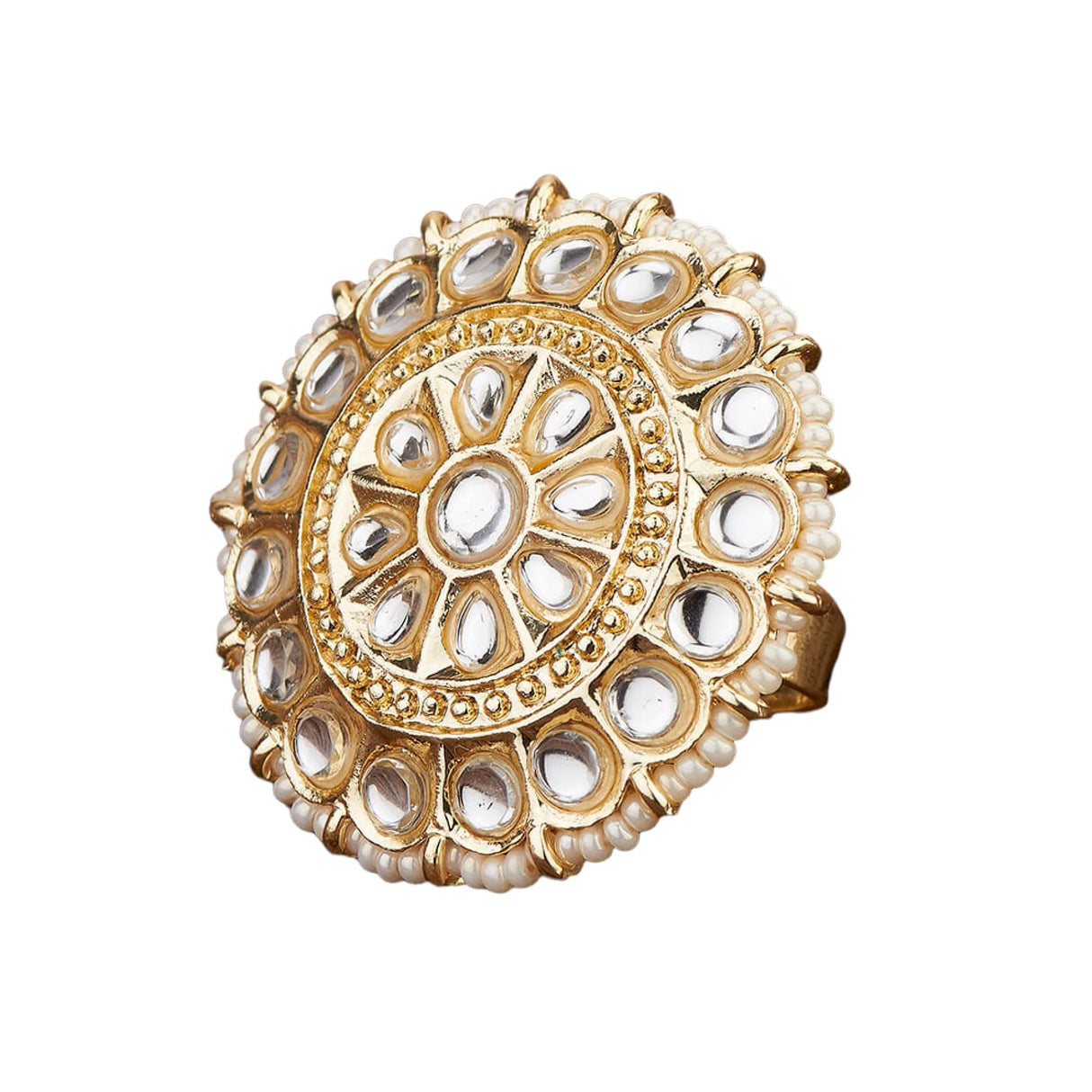 Kundan Pearl Ring with Gold Plating Vintage Round Statement Ring for Women Boho Open Wrap Finger Rings Adjustable Indian Bollywood Jewelry Hand Accessories for Wedding Party Gift - LoveNspire