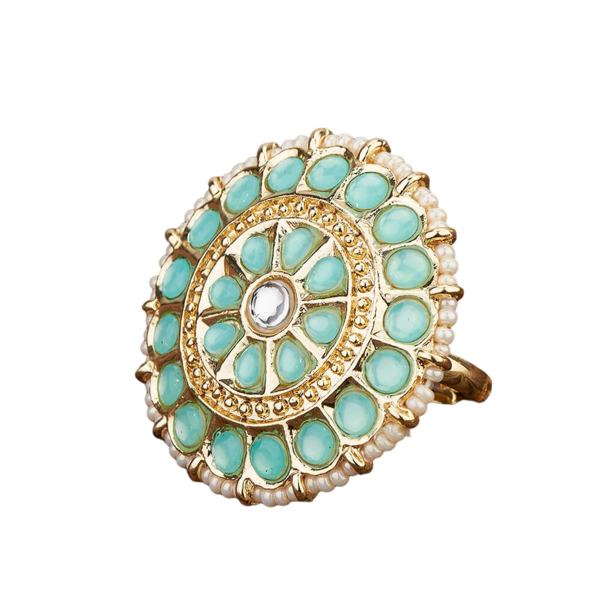 Kundan Pearl Ring with Gold Plating Vintage Round Statement Ring for Women Boho Open Wrap Finger Rings Adjustable Indian Bollywood Jewelry Hand Accessories for Wedding Party Gift - LoveNspire