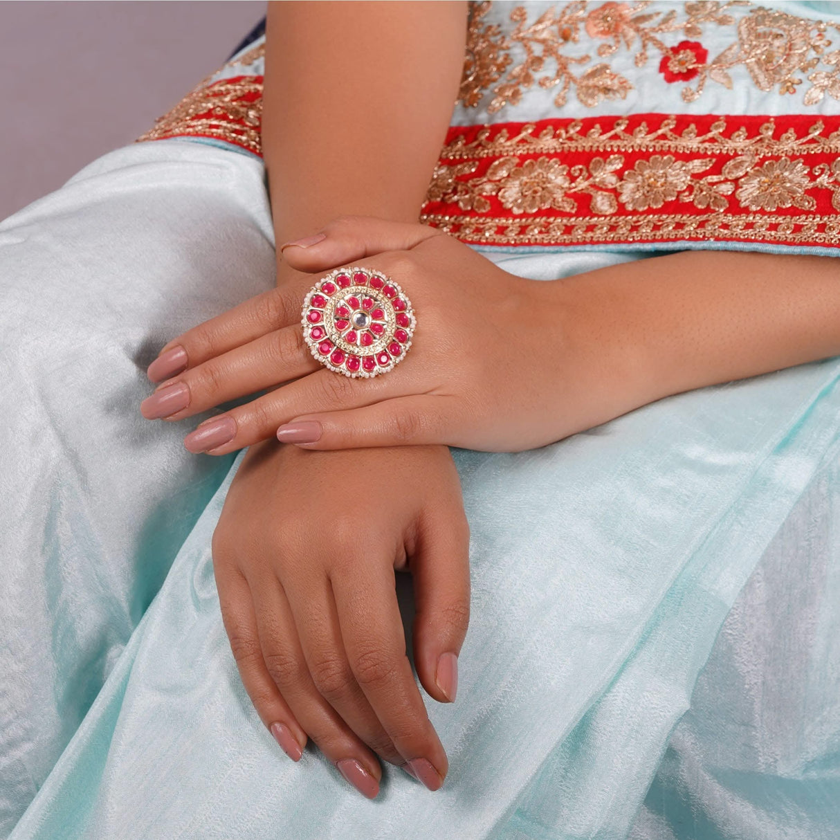 Kundan Pearl Ring with Gold Plating Vintage Round Statement Ring for Women Boho Open Wrap Finger Rings Adjustable Indian Bollywood Jewelry Hand Accessories for Wedding Party Gift - LoveNspire