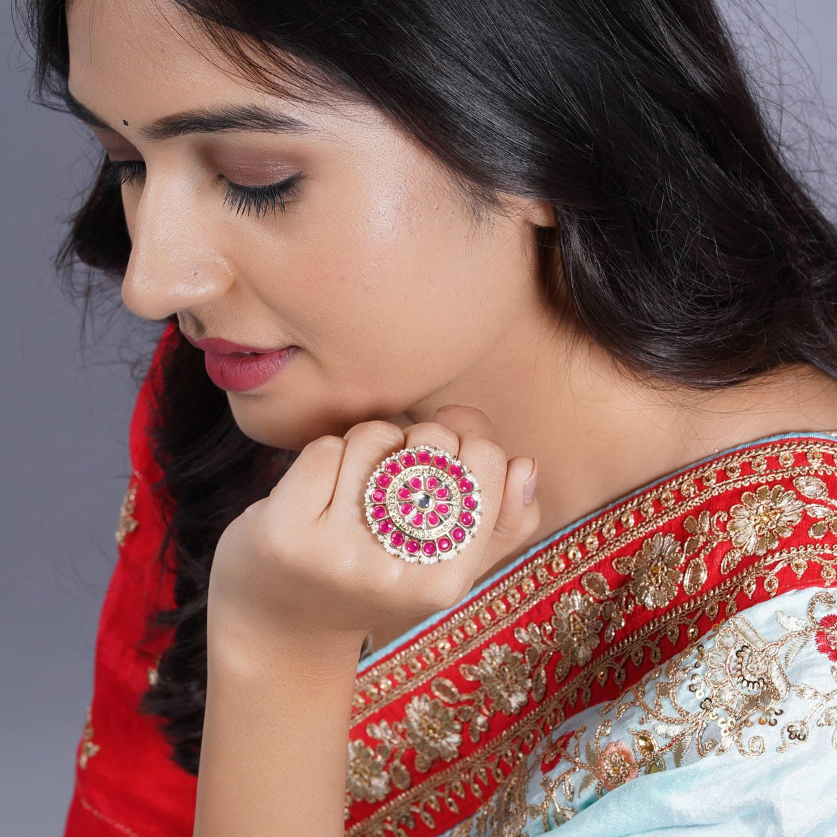 Kundan Pearl Ring with Gold Plating Vintage Round Statement Ring for Women Boho Open Wrap Finger Rings Adjustable Indian Bollywood Jewelry Hand Accessories for Wedding Party Gift - LoveNspire