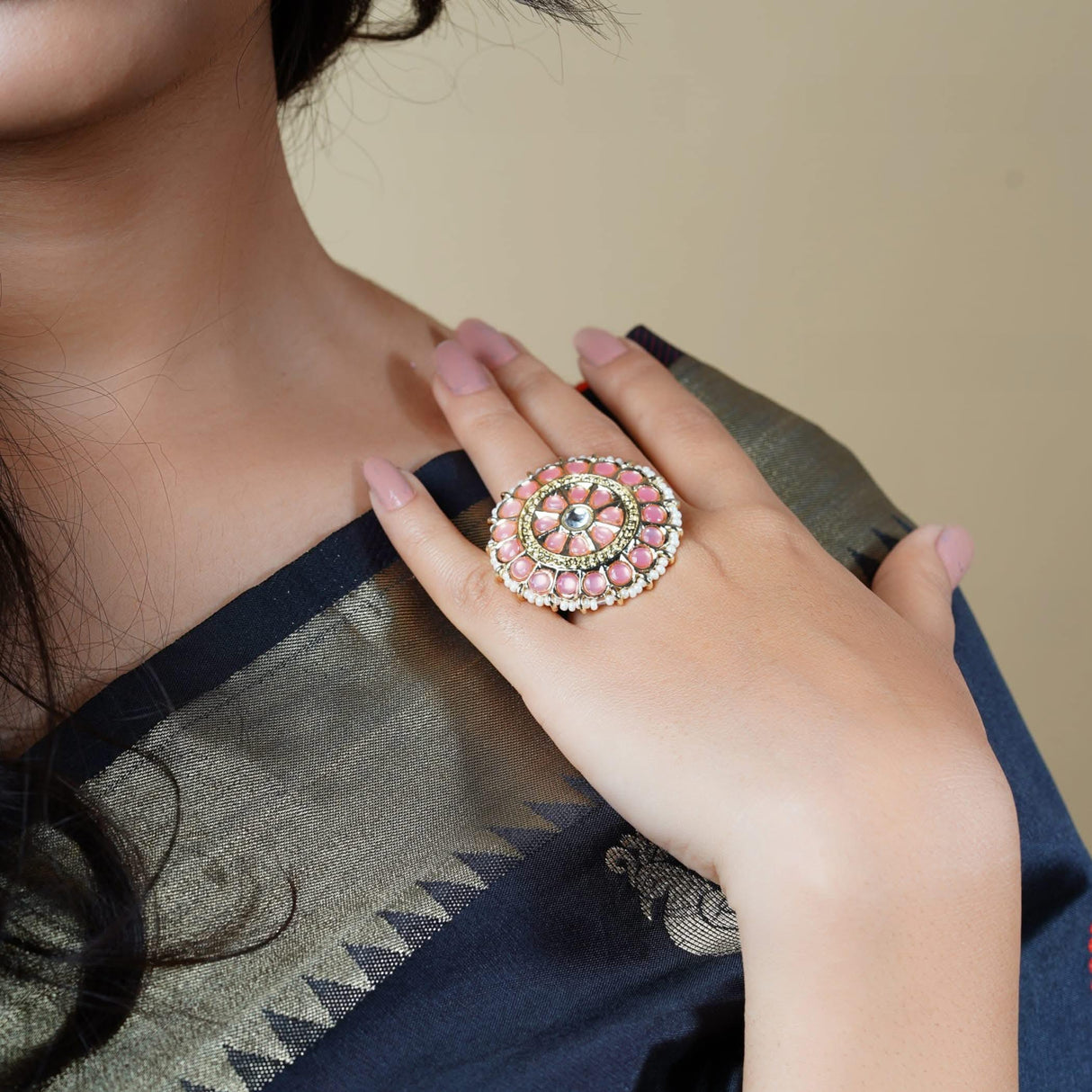 Kundan Pearl Ring with Gold Plating Vintage Round Statement Ring for Women Boho Open Wrap Finger Rings Adjustable Indian Bollywood Jewelry Hand Accessories for Wedding Party Gift - LoveNspire