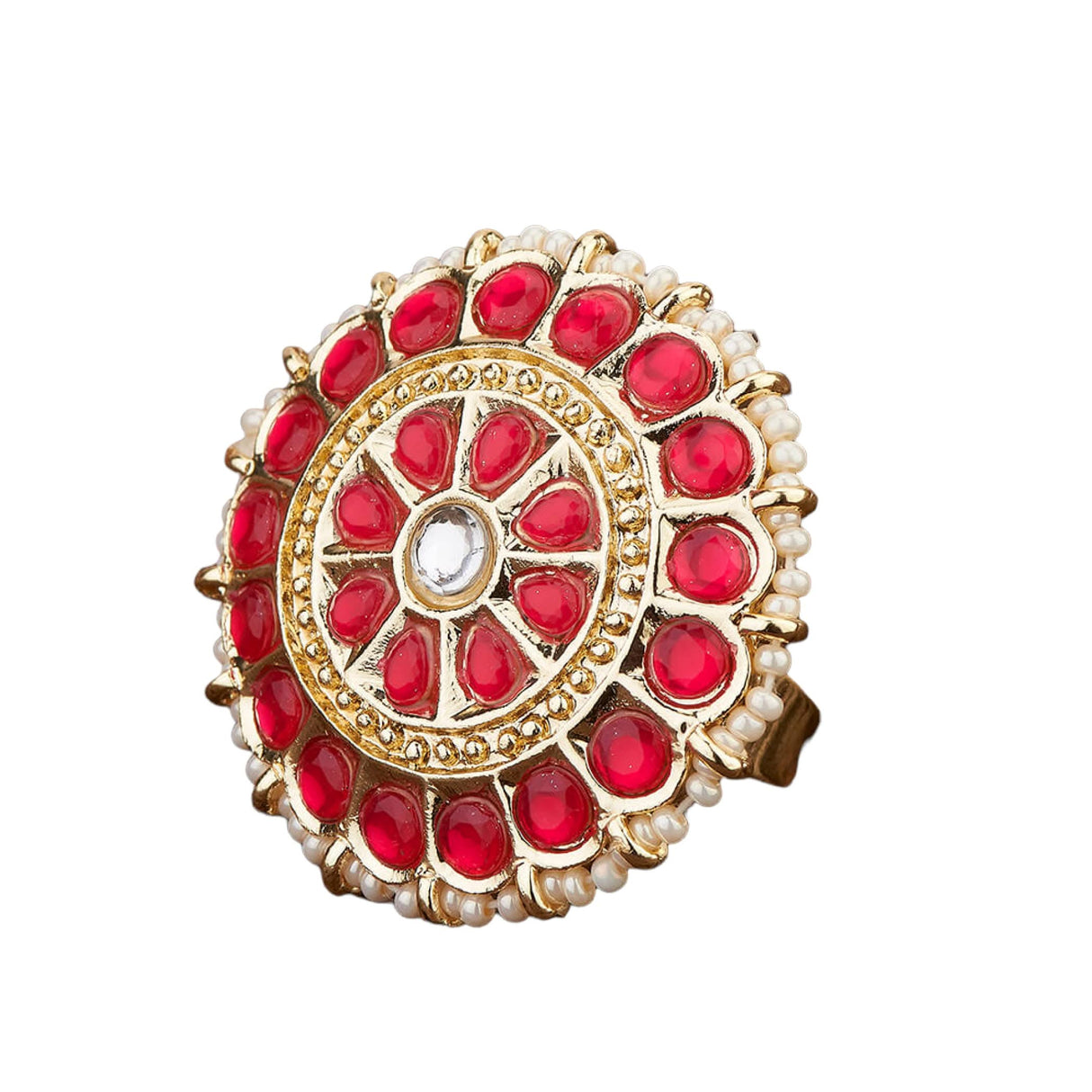 Kundan Pearl Ring with Gold Plating Vintage Round Statement Ring for Women Boho Open Wrap Finger Rings Adjustable Indian Bollywood Jewelry Hand Accessories for Wedding Party Gift - LoveNspire