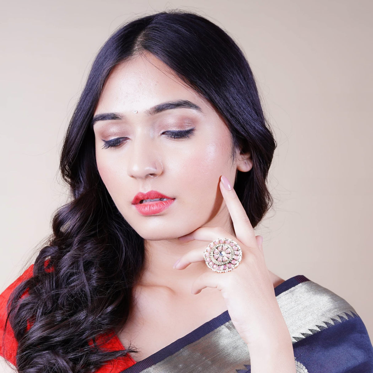 Kundan Pearl Ring with Gold Plating Vintage Round Statement Ring for Women Boho Open Wrap Finger Rings Adjustable Indian Bollywood Jewelry Hand Accessories for Wedding Party Gift - LoveNspire