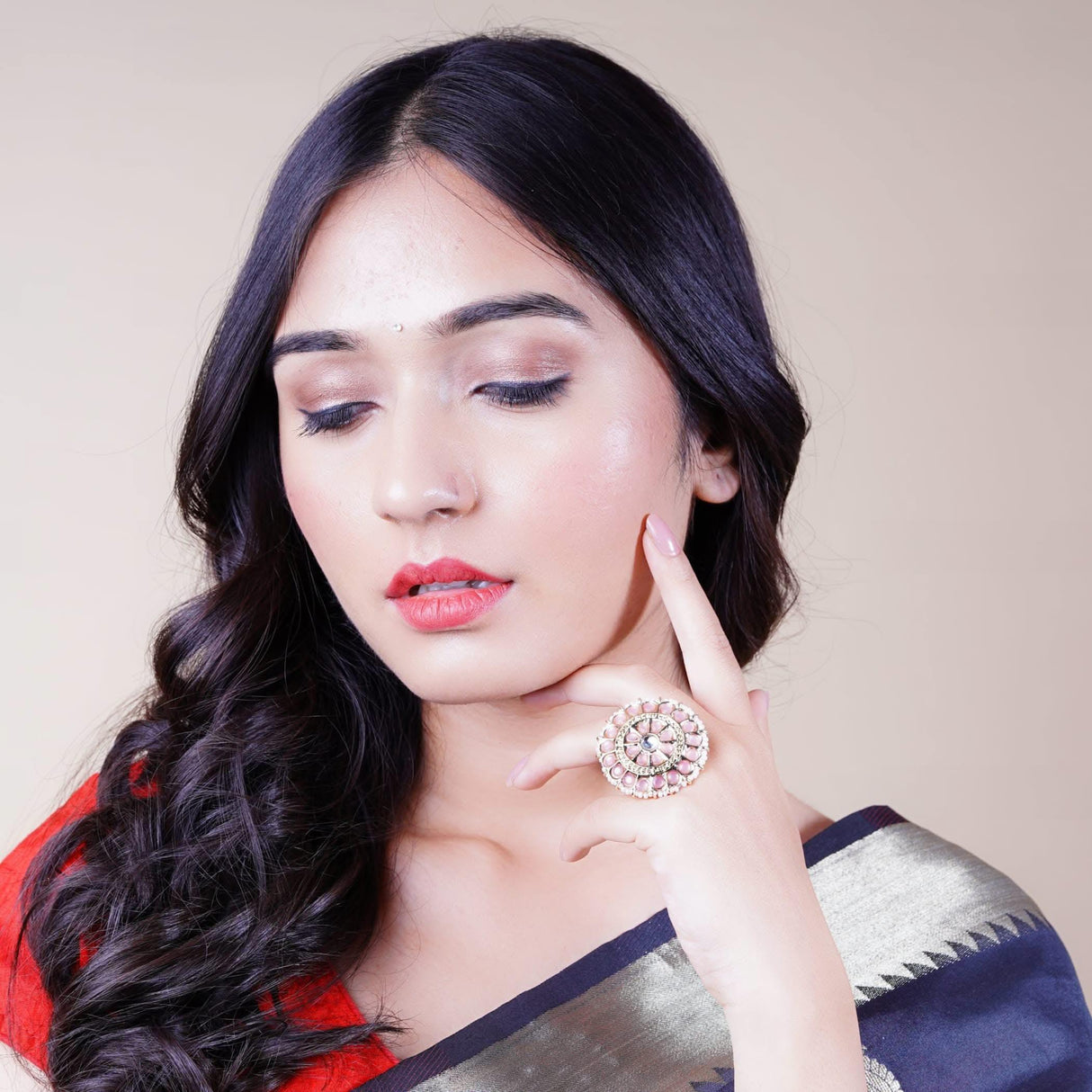 Kundan Pearl Ring with Gold Plating Vintage Round Statement Ring for Women Boho Open Wrap Finger Rings Adjustable Indian Bollywood Jewelry Hand Accessories for Wedding Party Gift - LoveNspire