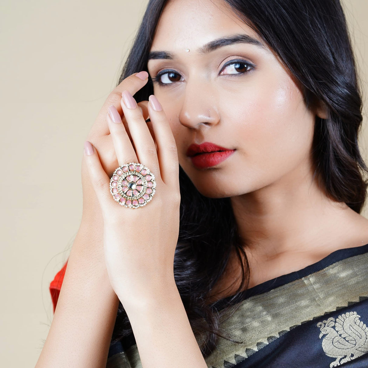 Kundan Pearl Ring with Gold Plating Vintage Round Statement Ring for Women Boho Open Wrap Finger Rings Adjustable Indian Bollywood Jewelry Hand Accessories for Wedding Party Gift - LoveNspire