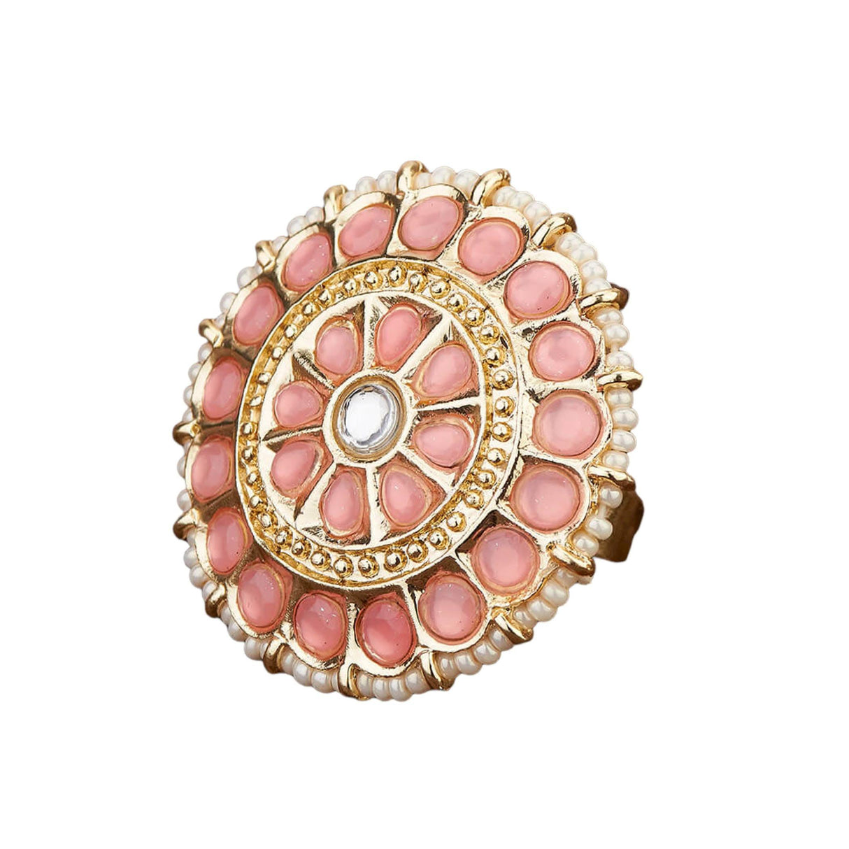 Kundan Pearl Ring with Gold Plating Vintage Round Statement Ring for Women Boho Open Wrap Finger Rings Adjustable Indian Bollywood Jewelry Hand Accessories for Wedding Party Gift - LoveNspire