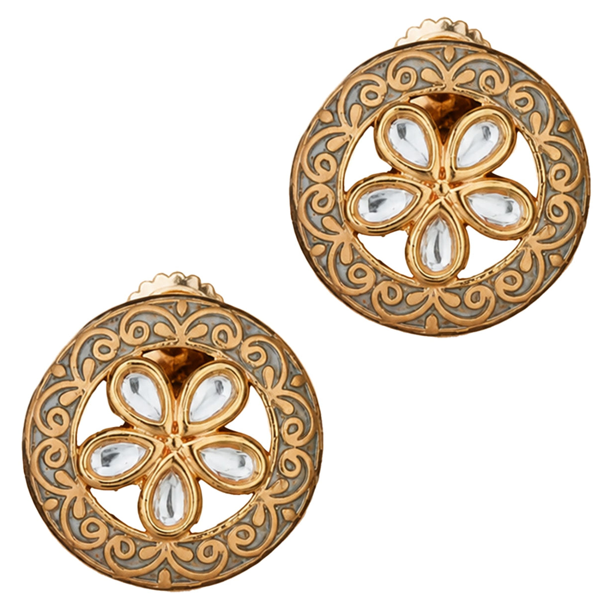 Gold-toned circular indian kundan stud earrings with intricate floral design and teardrop stones in filigree pattern