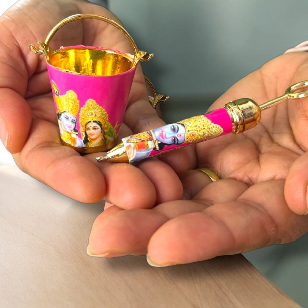 Laddu Gopal Pichkari Balti Set for Holi Festival Radha Krishna Printed Bucket Pickari for Laddu Gopal Ji Holi Acrylic Balti Pichkari Lord Krishna Toys Holi Puja Favors Babyshower Gifts - LoveNspire