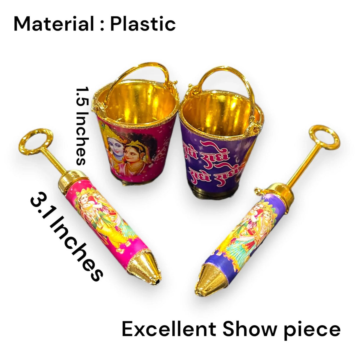 Laddu Gopal Pichkari Balti Set for Holi Festival Radha Krishna Printed Bucket Pickari for Laddu Gopal Ji Holi Acrylic Balti Pichkari Lord Krishna Toys Holi Puja Favors Babyshower Gifts - LoveNspire