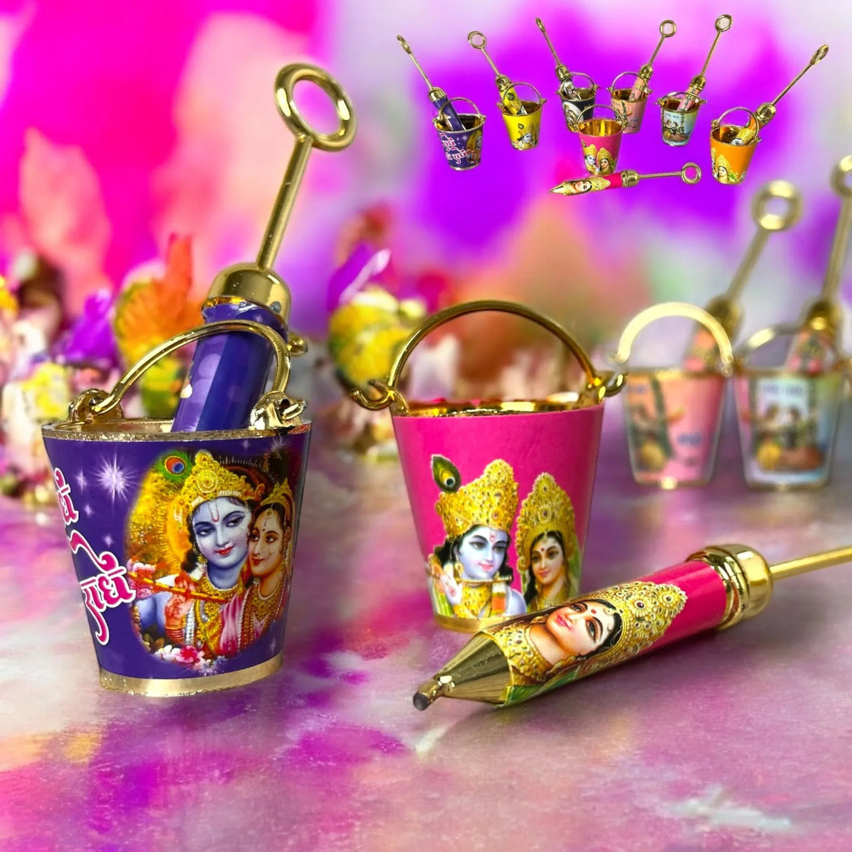 Laddu Gopal Pichkari Balti Set for Holi Festival Radha Krishna Printed Bucket Pickari for Laddu Gopal Ji Holi Acrylic Balti Pichkari Lord Krishna Toys Holi Puja Favors Babyshower Gifts - LoveNspire