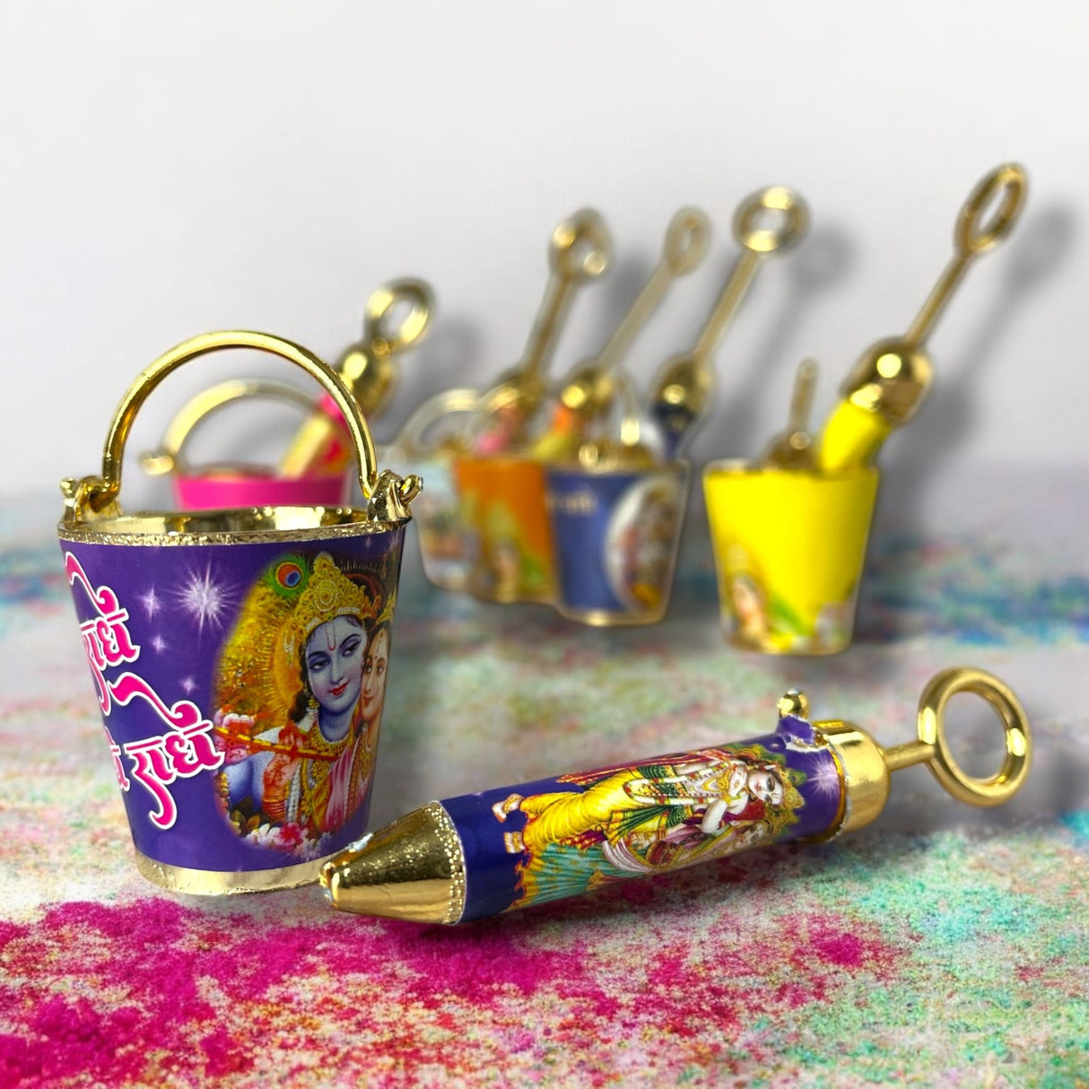 Laddu Gopal Pichkari Balti Set for Holi Festival Radha Krishna Printed Bucket Pickari for Laddu Gopal Ji Holi Acrylic Balti Pichkari Lord Krishna Toys Holi Puja Favors Babyshower Gifts - LoveNspire