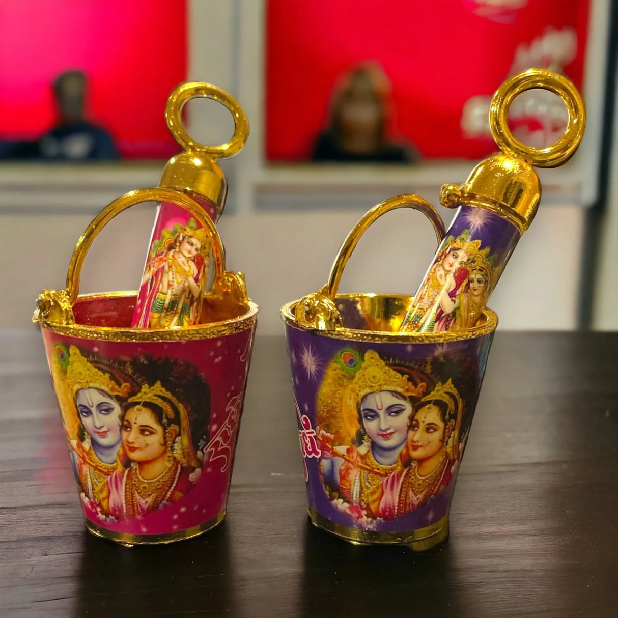 Laddu Gopal Pichkari Balti Set for Holi Festival Radha Krishna Printed Bucket Pickari for Laddu Gopal Ji Holi Acrylic Balti Pichkari Lord Krishna Toys Holi Puja Favors Babyshower Gifts - LoveNspire