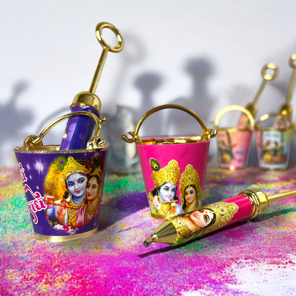 Laddu Gopal Pichkari Balti Set for Holi Festival Radha Krishna Printed Bucket Pickari for Laddu Gopal Ji Holi Acrylic Balti Pichkari Lord Krishna Toys Holi Puja Favors Babyshower Gifts - LoveNspire