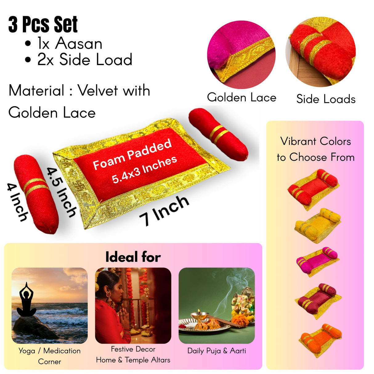 Laddu Gopal Velvet Asan Takiya Pillow Set for Lord Ganesha, Krishna, Kanha Ji, Bal Gopal God Goddess Idol Soft Mattress Cushion/gadda Bed Cum Aasan Set (7x4.5 Inch) - LoveNspire