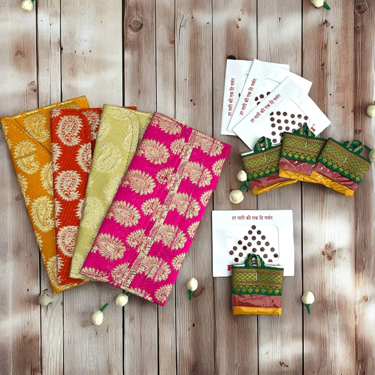 Colorful patterned fabric envelopes and miniature bags for Gifting Occasions