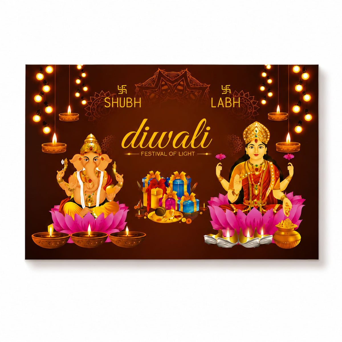 Golden diwali poster featuring deities ganesha and lakshmi on pink lotus with oil lamps and gifts for pooja decor