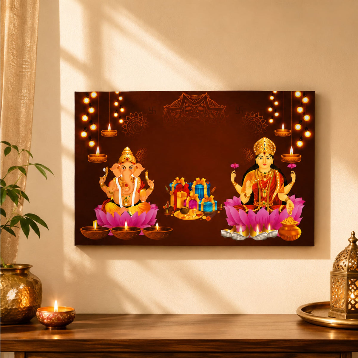 Rectangular canvas print of hindu deities ganesha and lakshmi on pink lotuses with glowing diyas on brown background for pooja decor