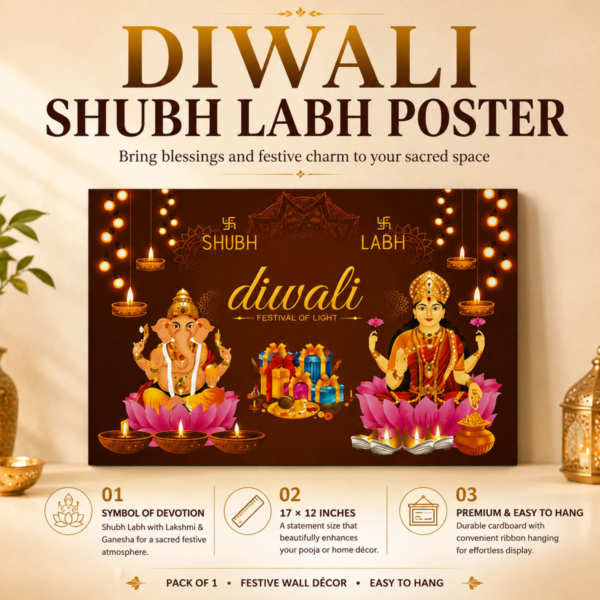 Hindu goddess lakshmi ganesha shubh diwali pooja poster with golden deities pink lotus and glowing diyas on dark brown background