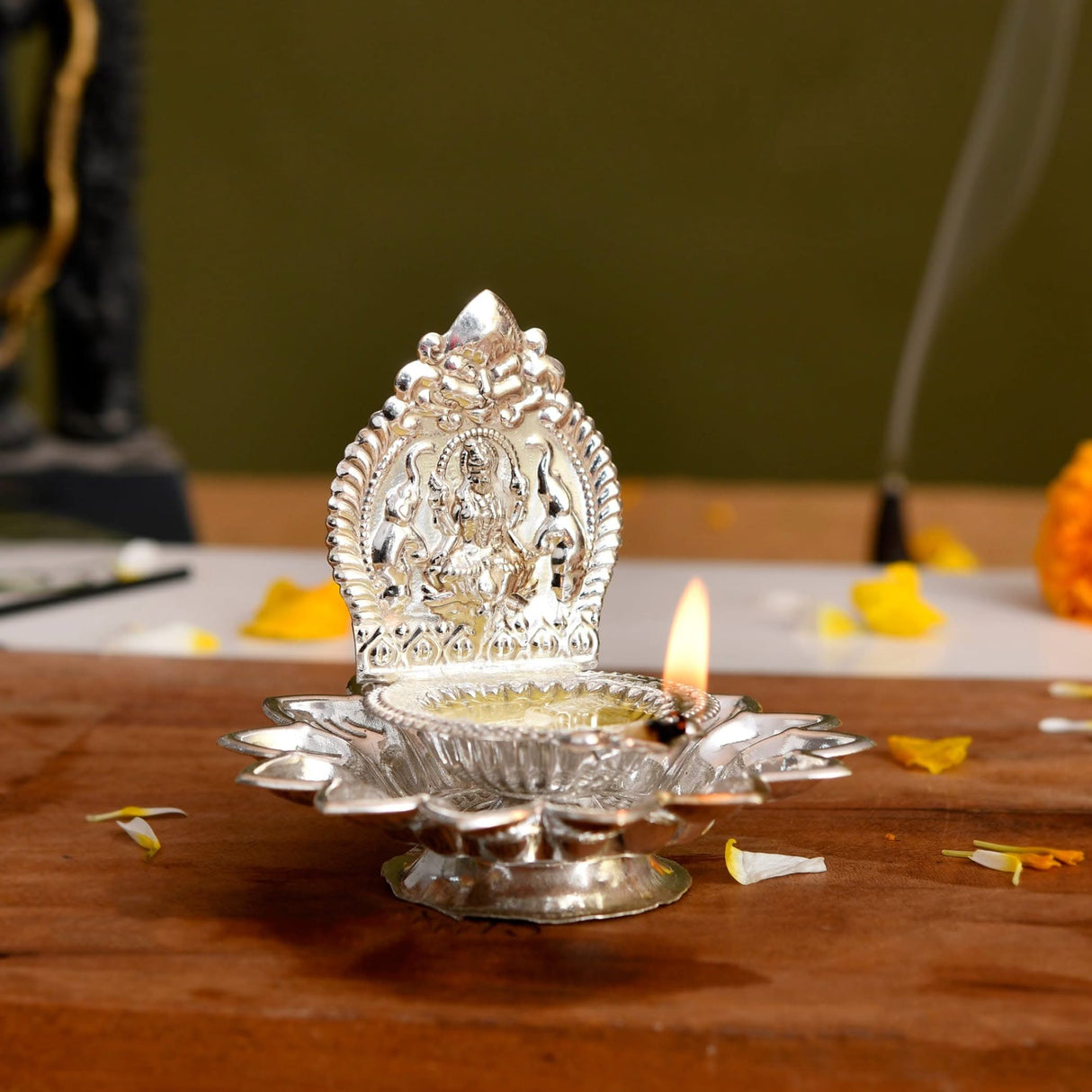 Silver Oil Lamp with Deity for Hindu Pooja and Diwali Home Decor