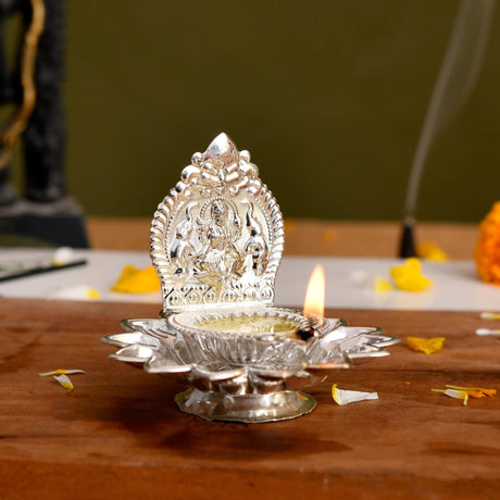 Silver Oil Lamp with Deity for Hindu Pooja and Diwali Home Decor