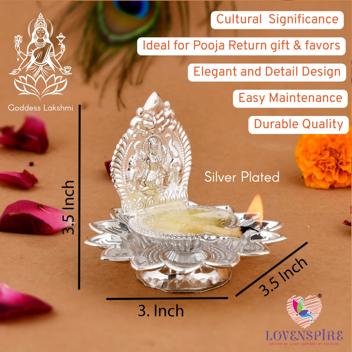 Silver-plated Lakshmi Diya for Diwali Puja and Hindu Religious Decorations
