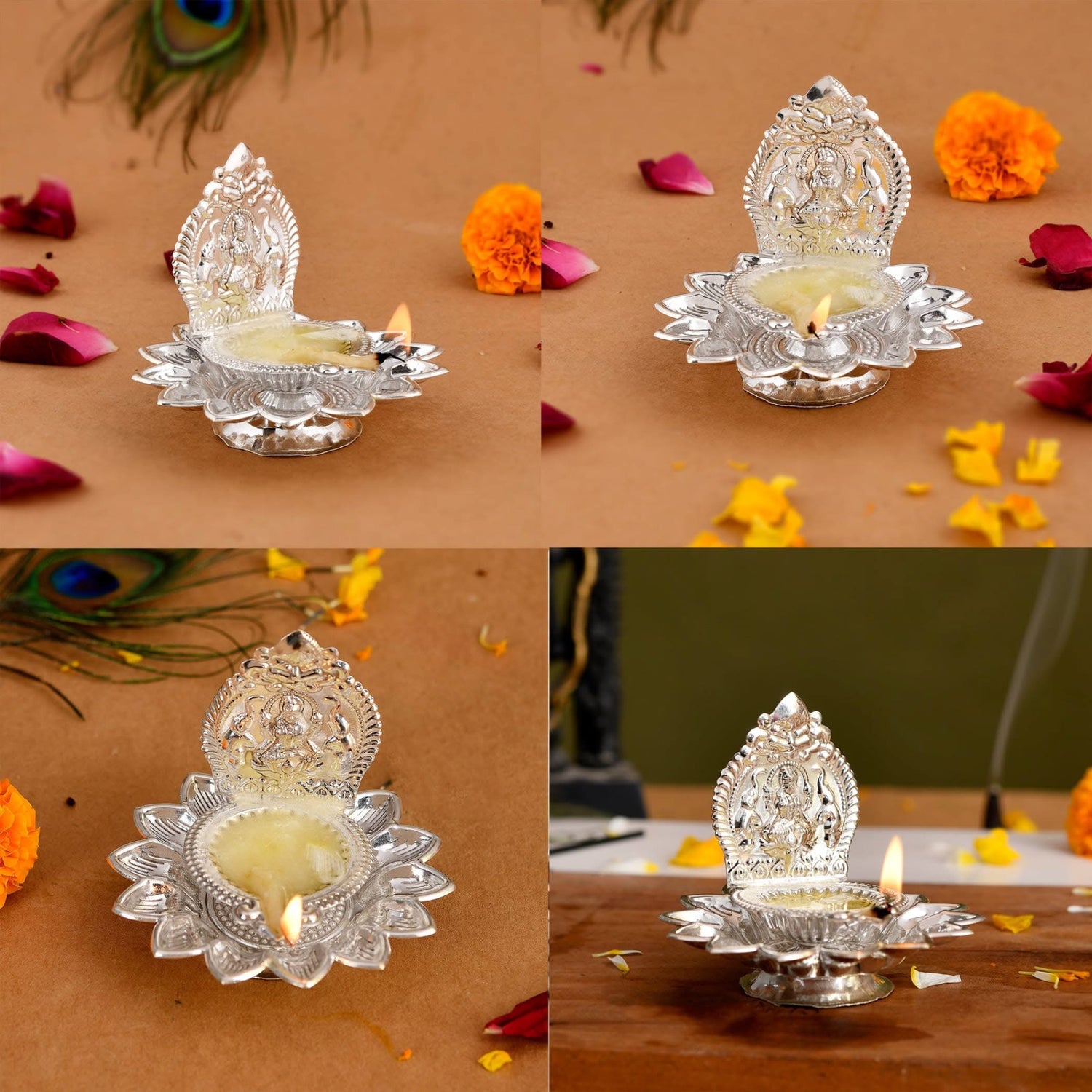 Silver lotus diya with deity for Diwali, Hindu puja, and home decoration purposes