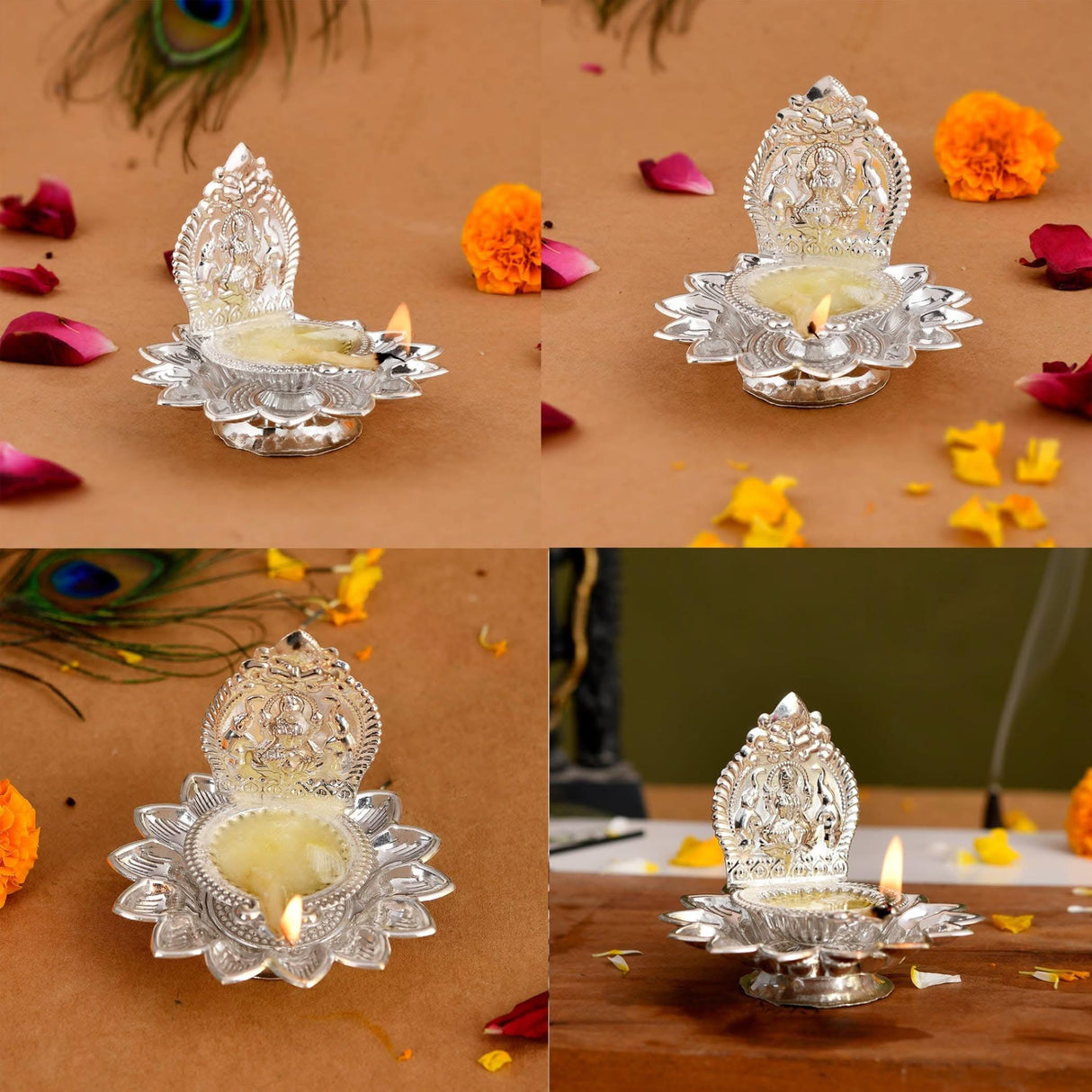 Lakshmi Silver Plated Diya Kamakshi Deepam Kamatchi Vilakku Samai Laksahmi Oil Lamp Diwali Decoration Hindu Puja Religious Home Decor Pooja Lamp Housewarming Wedding Return Gift (3.5 Inch) - LoveNspire