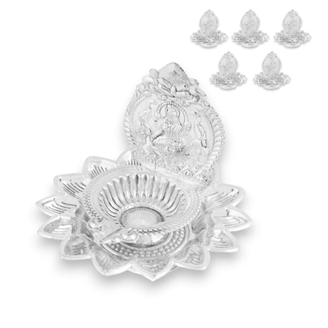 Silver decorative oil lamp for Diwali, Puja, and festive home decoration