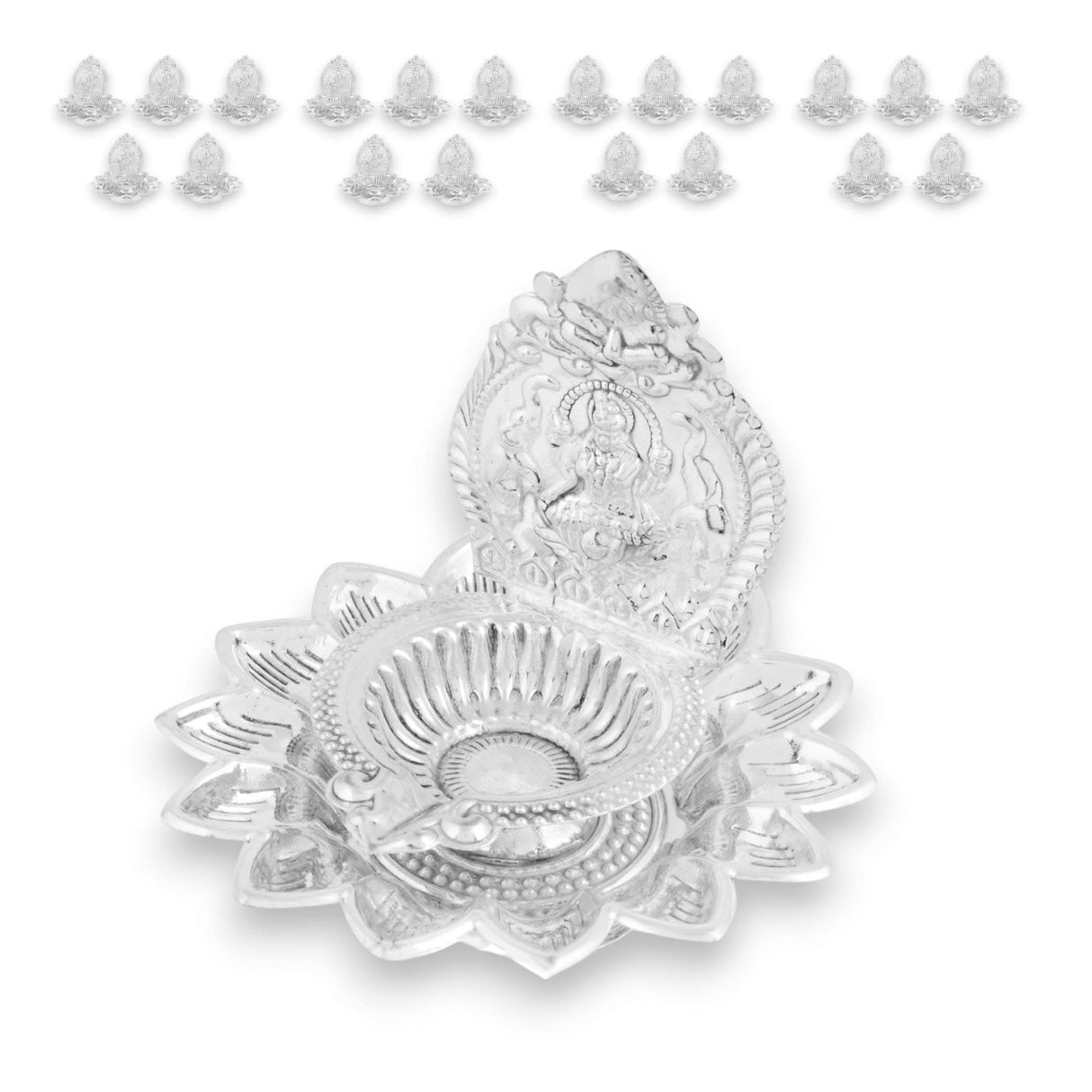 Silver lotus diya with deity relief for Hindu puja and Diwali home decoration