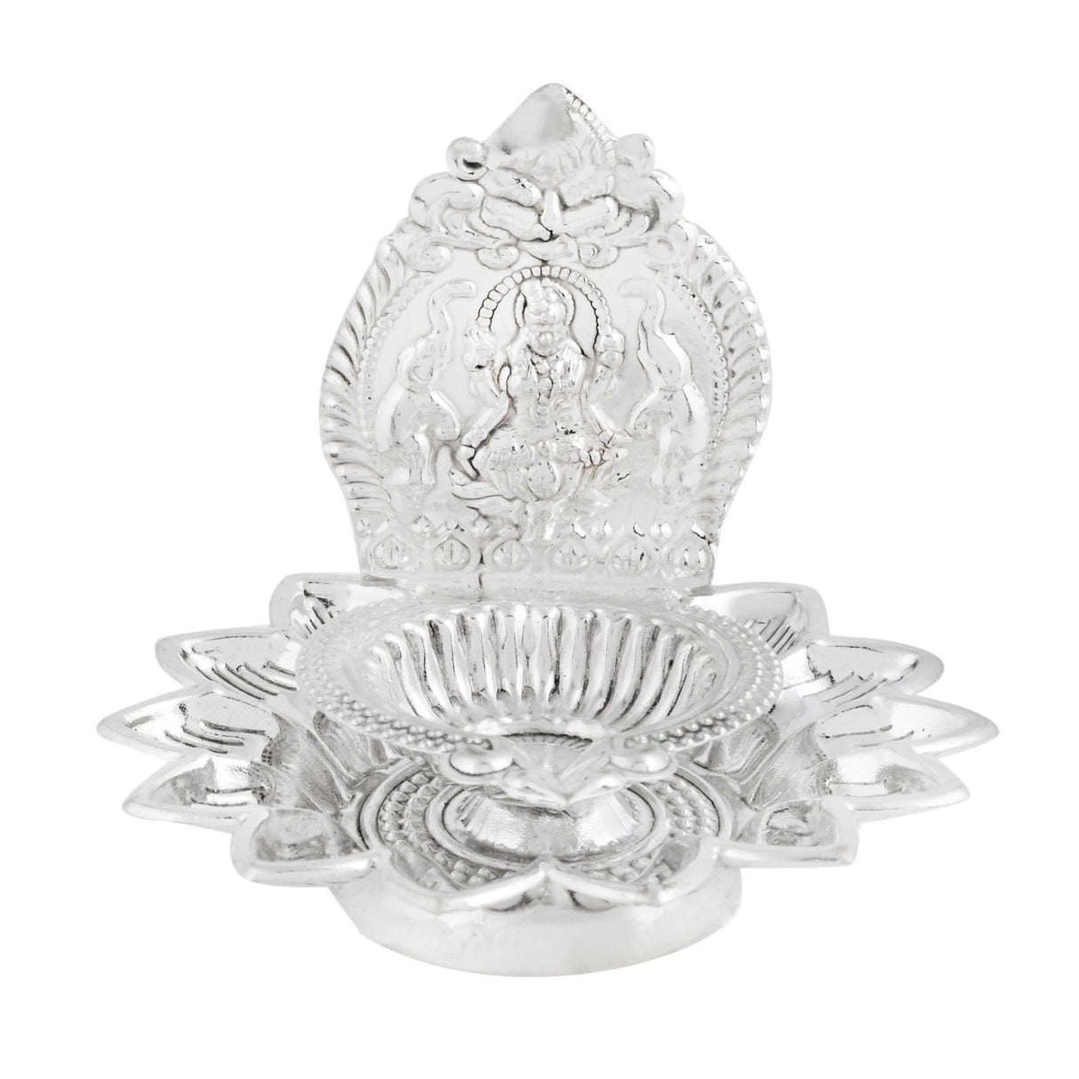 Silver-colored decorative oil lamp for Diwali and Hindu religious ceremonies
