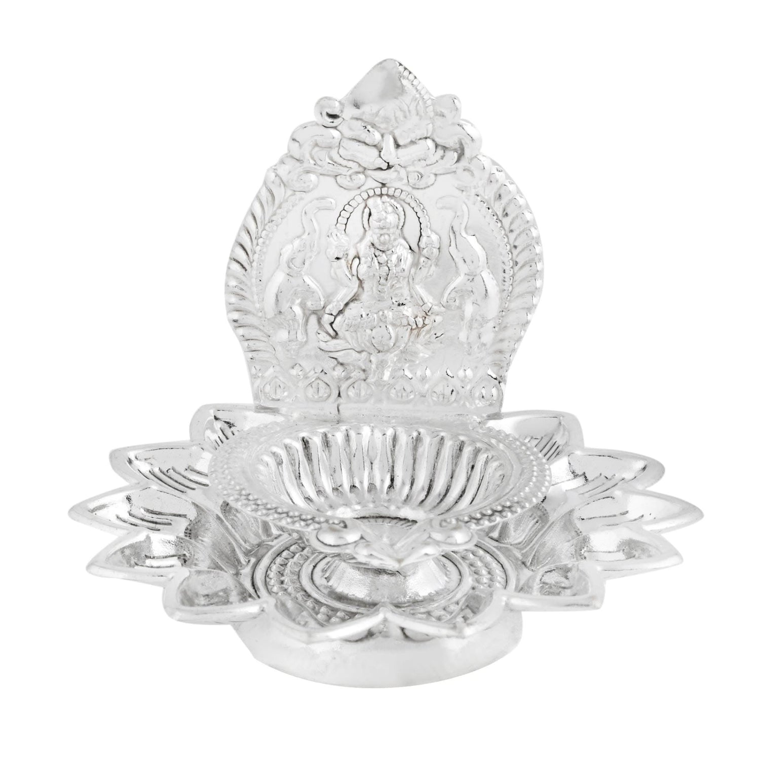 Silver-colored decorative oil lamp for Diwali and Hindu religious ceremonies