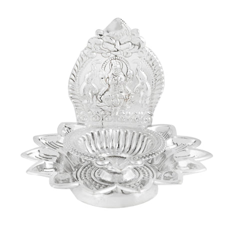 Silver-colored decorative oil lamp for Diwali and Hindu religious ceremonies