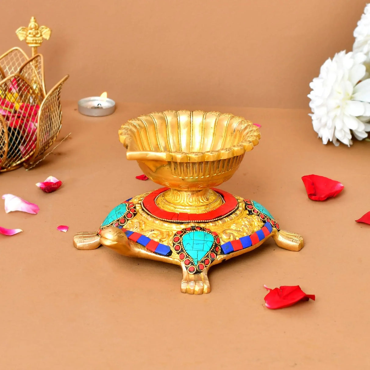 Large Brass Indian Oil Lamp Religious Tortoise Oil Diya for Diwali Pooja Vilakku Oil Lamp Tealight Deepawali Decoration Indian Gift Items Home Office Temple Decor (4x5.5x7.5 Inches) - LoveNspire