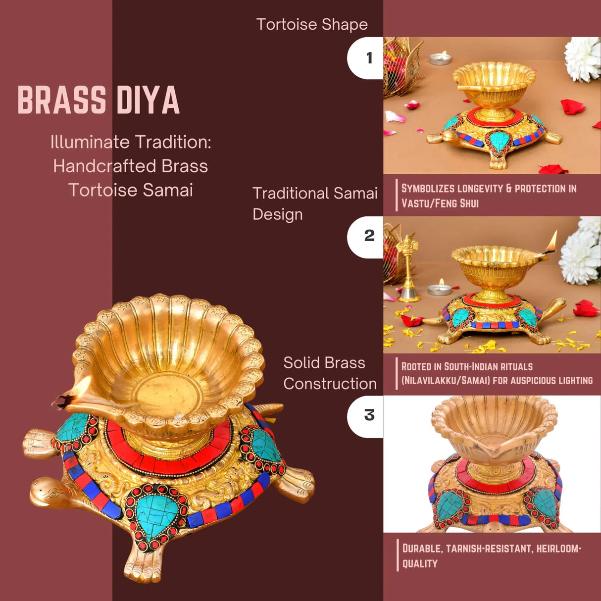 Large Brass Indian Oil Lamp Religious Tortoise Oil Diya for Diwali Pooja Vilakku Oil Lamp Tealight Deepawali Decoration Indian Gift Items Home Office Temple Decor (4x5.5x7.5 Inches) - LoveNspire