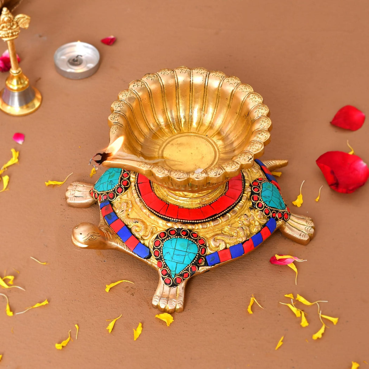 Large Brass Indian Oil Lamp Religious Tortoise Oil Diya for Diwali Pooja Vilakku Oil Lamp Tealight Deepawali Decoration Indian Gift Items Home Office Temple Decor (4x5.5x7.5 Inches) - LoveNspire