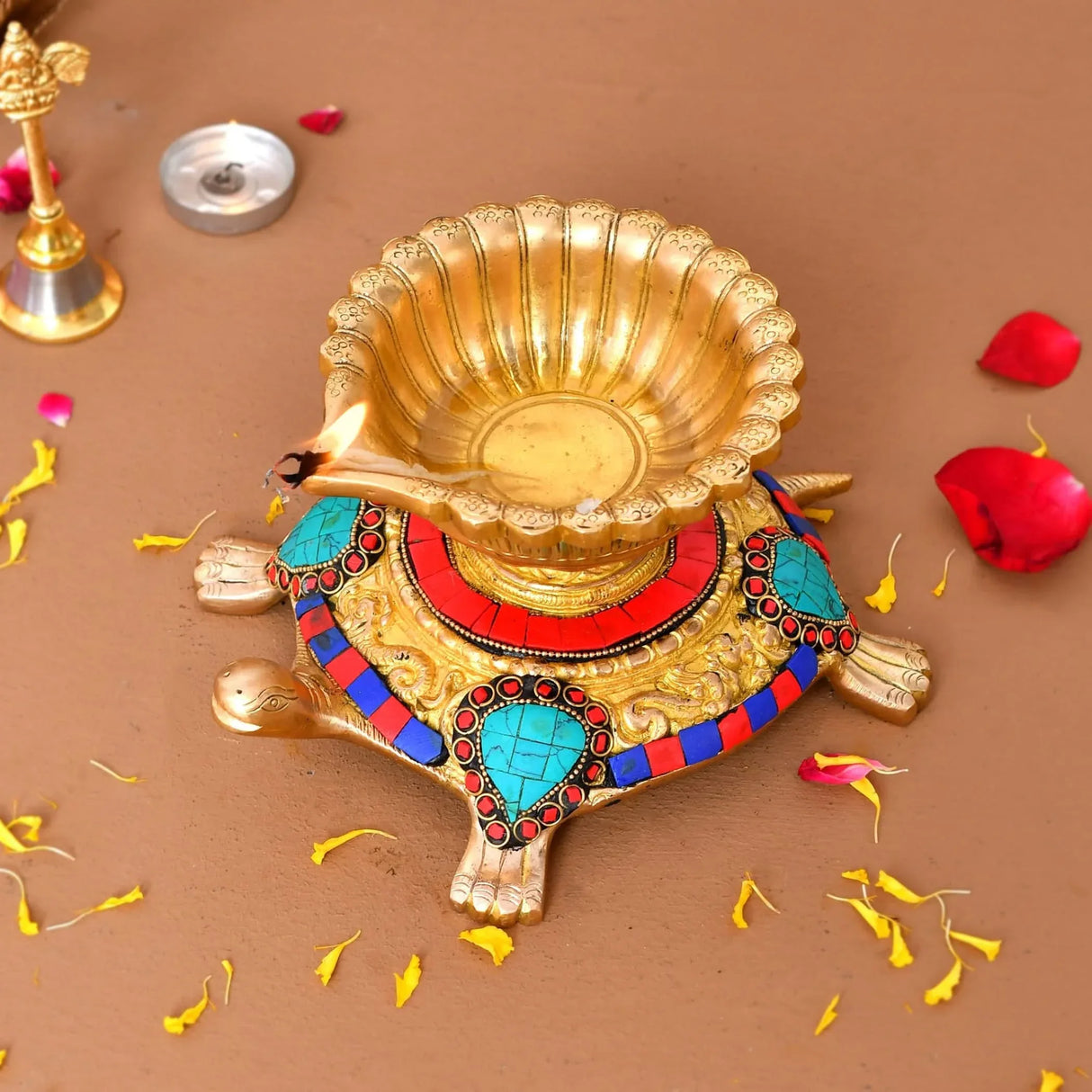 Large Brass Indian Oil Lamp Religious Tortoise Oil Diya for Diwali Pooja Vilakku Oil Lamp Tealight Deepawali Decoration Indian Gift Items Home Office Temple Decor (4x5.5x7.5 Inches) - LoveNspire