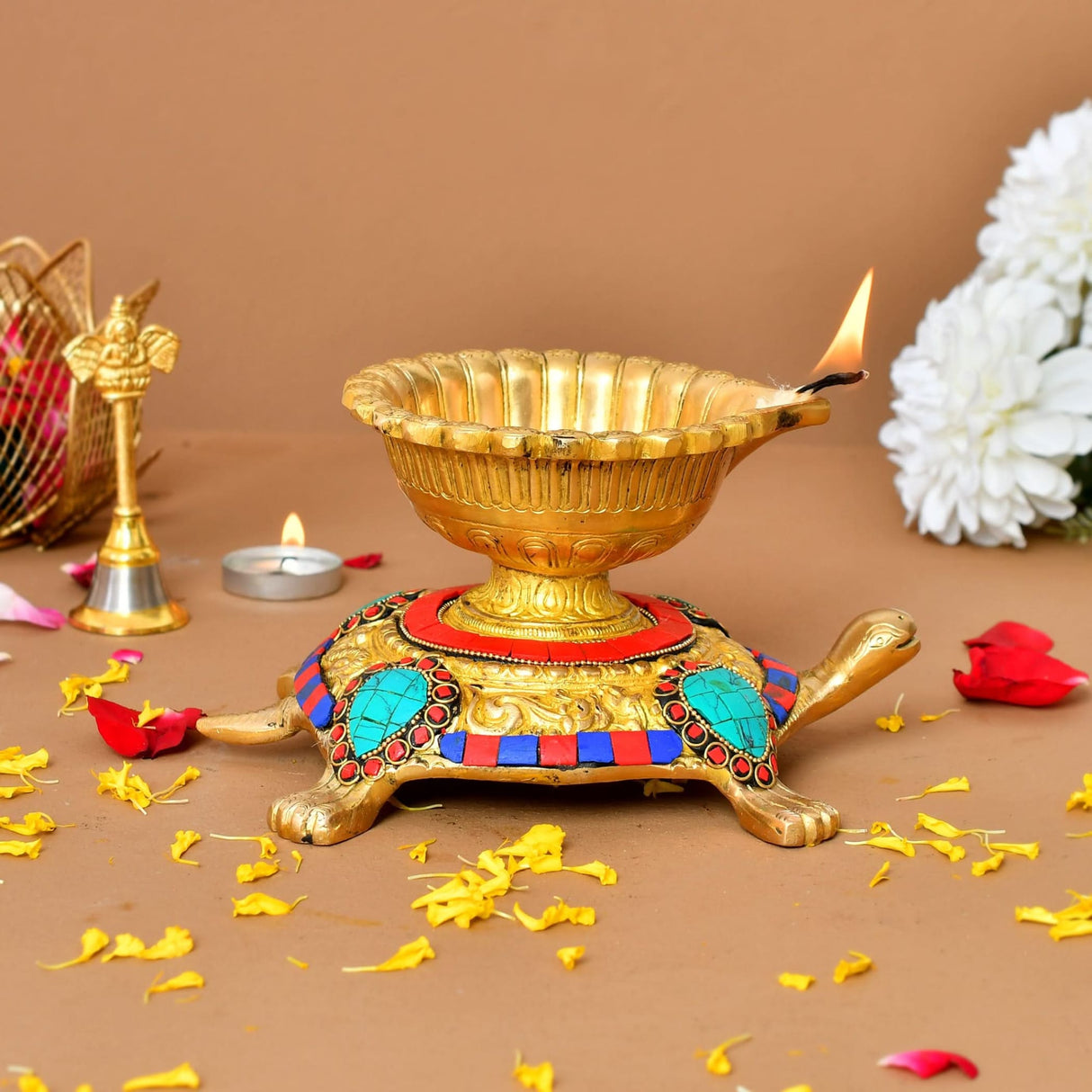 Large Brass Indian Oil Lamp Religious Tortoise Oil Diya for Diwali Pooja Vilakku Oil Lamp Tealight Deepawali Decoration Indian Gift Items Home Office Temple Decor (4x5.5x7.5 Inches) - LoveNspire