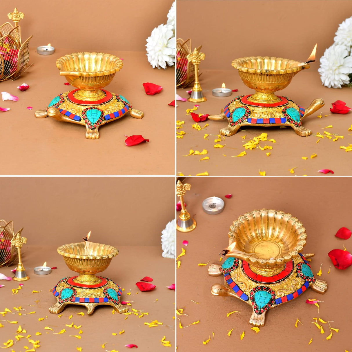 Large Brass Indian Oil Lamp Religious Tortoise Oil Diya for Diwali Pooja Vilakku Oil Lamp Tealight Deepawali Decoration Indian Gift Items Home Office Temple Decor (4x5.5x7.5 Inches) - LoveNspire