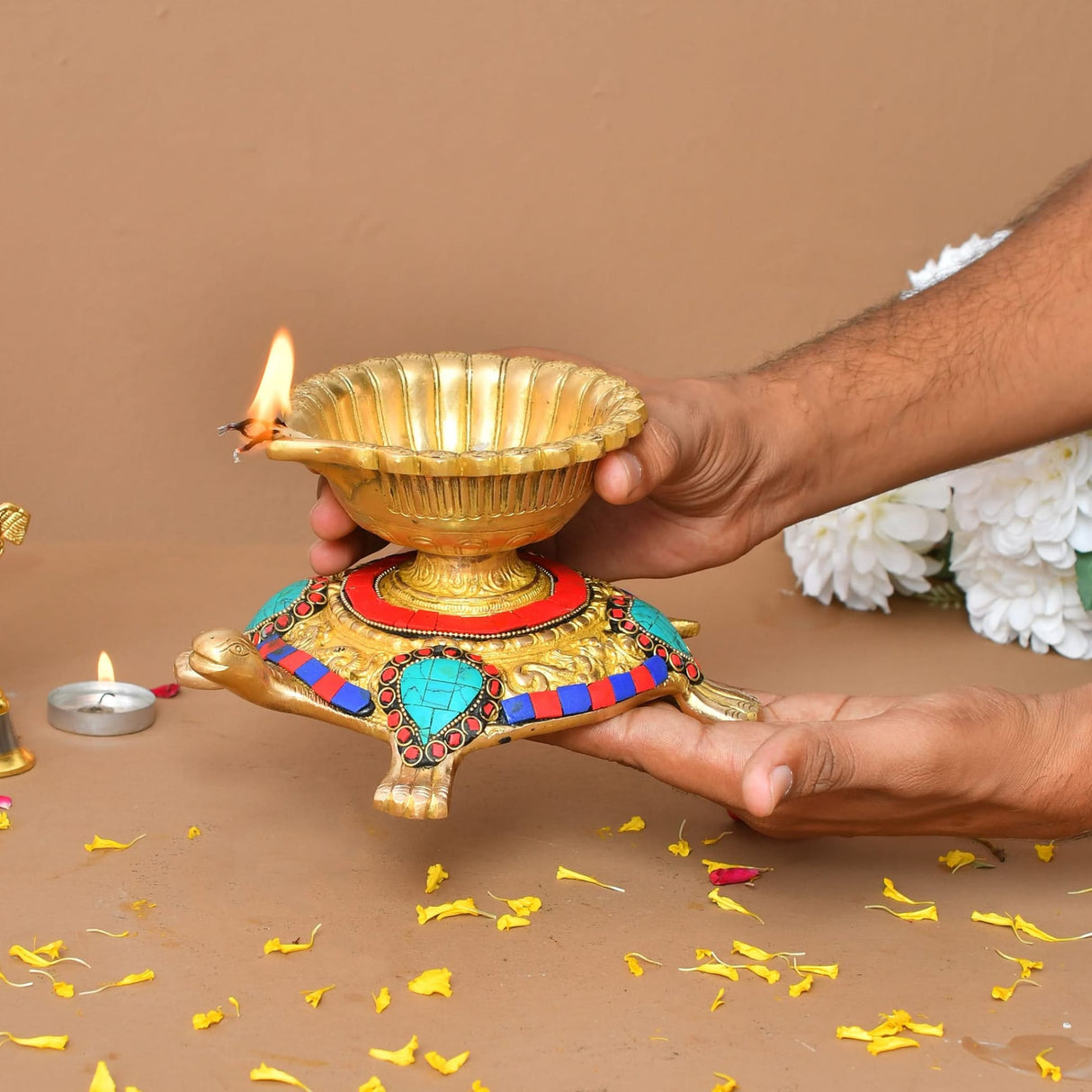Large Brass Indian Oil Lamp Religious Tortoise Oil Diya for Diwali Pooja Vilakku Oil Lamp Tealight Deepawali Decoration Indian Gift Items Home Office Temple Decor (4x5.5x7.5 Inches) - LoveNspire