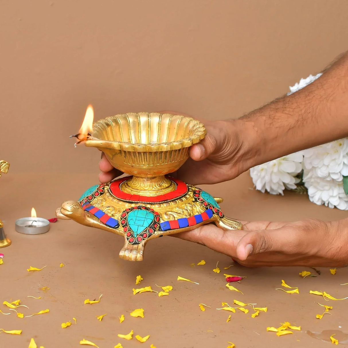 Large Brass Indian Oil Lamp Religious Tortoise Oil Diya for Diwali Pooja Vilakku Oil Lamp Tealight Deepawali Decoration Indian Gift Items Home Office Temple Decor (4x5.5x7.5 Inches) - LoveNspire
