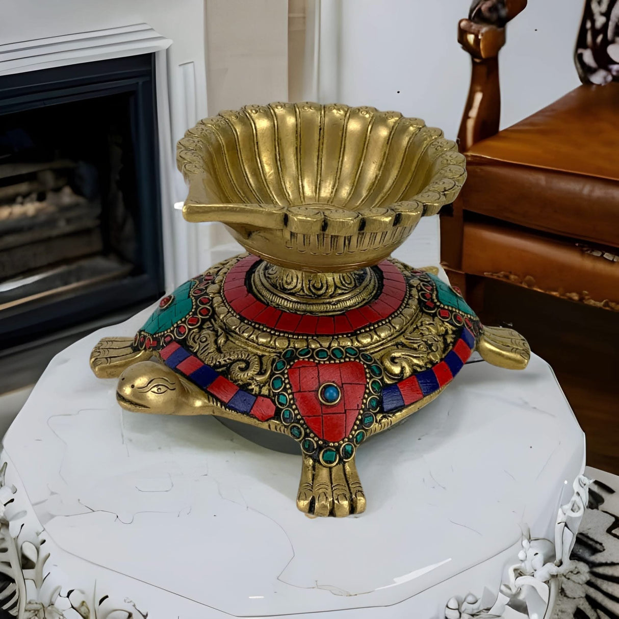 Large Brass Indian Oil Lamp Religious Tortoise Oil Diya for Diwali Pooja Vilakku Oil Lamp Tealight Deepawali Decoration Indian Gift Items Home Office Temple Decor (4x5.5x7.5 Inches) - LoveNspire