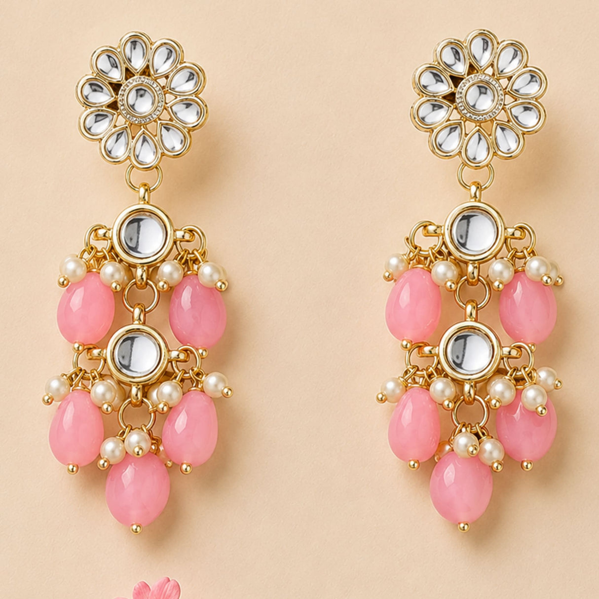 Gold tone floral kundan stone earrings with mirrored stones pink oval beads and faux pearls for diwali and weddings
