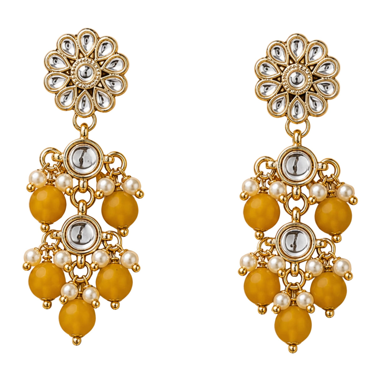 Gold tone indian floral kundan stone earrings with faux pearls and amber beads for wedding and ethnic wear