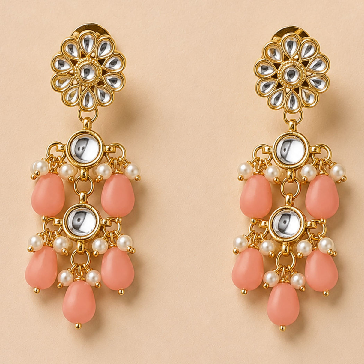 Indian floral kundan stone gold tone earrings with clear stones pink beads pearls and mirrored discs for ethnic wear