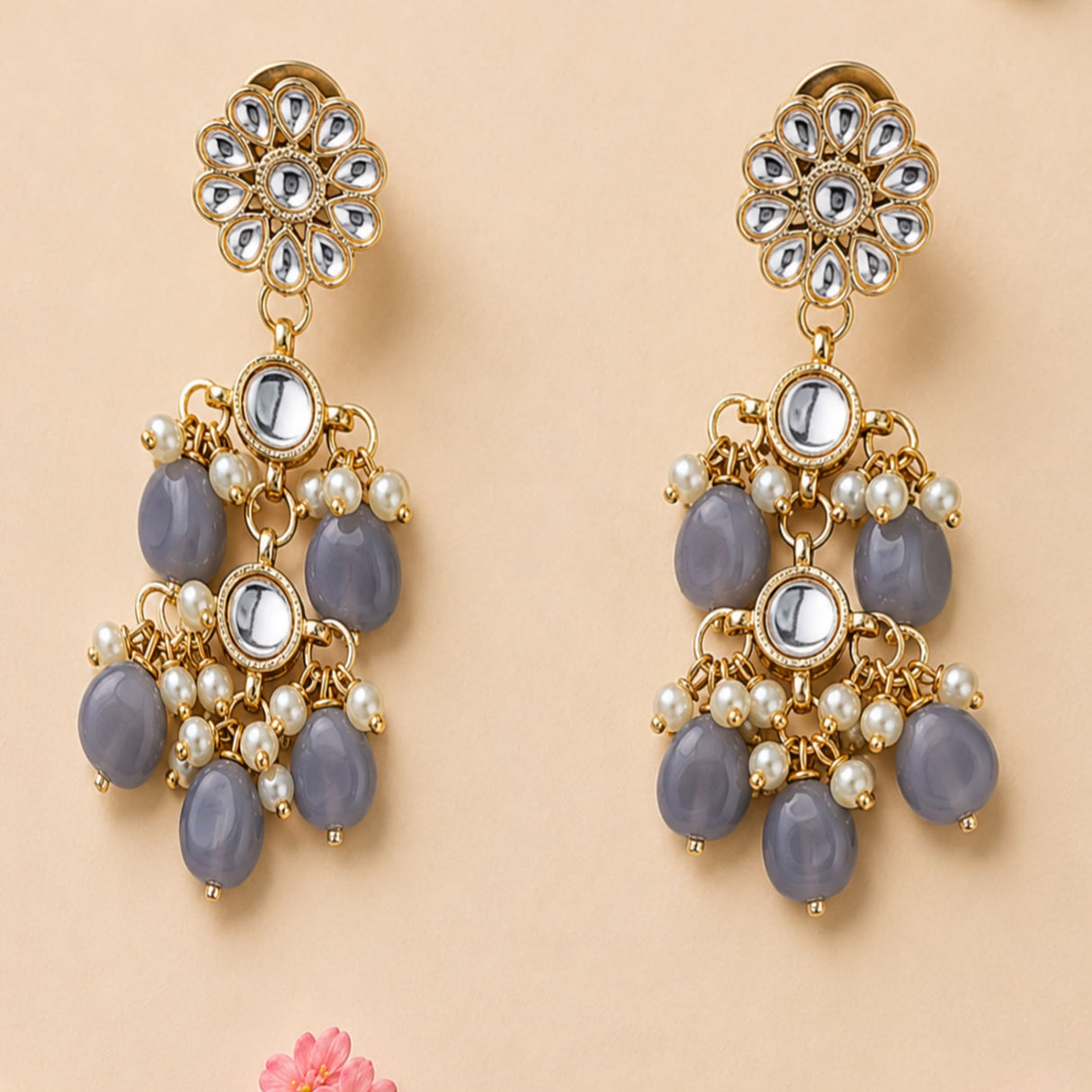Gold tone Indian floral kundan stone earrings with gray oval beads and faux pearls for Diwali wedding wear
