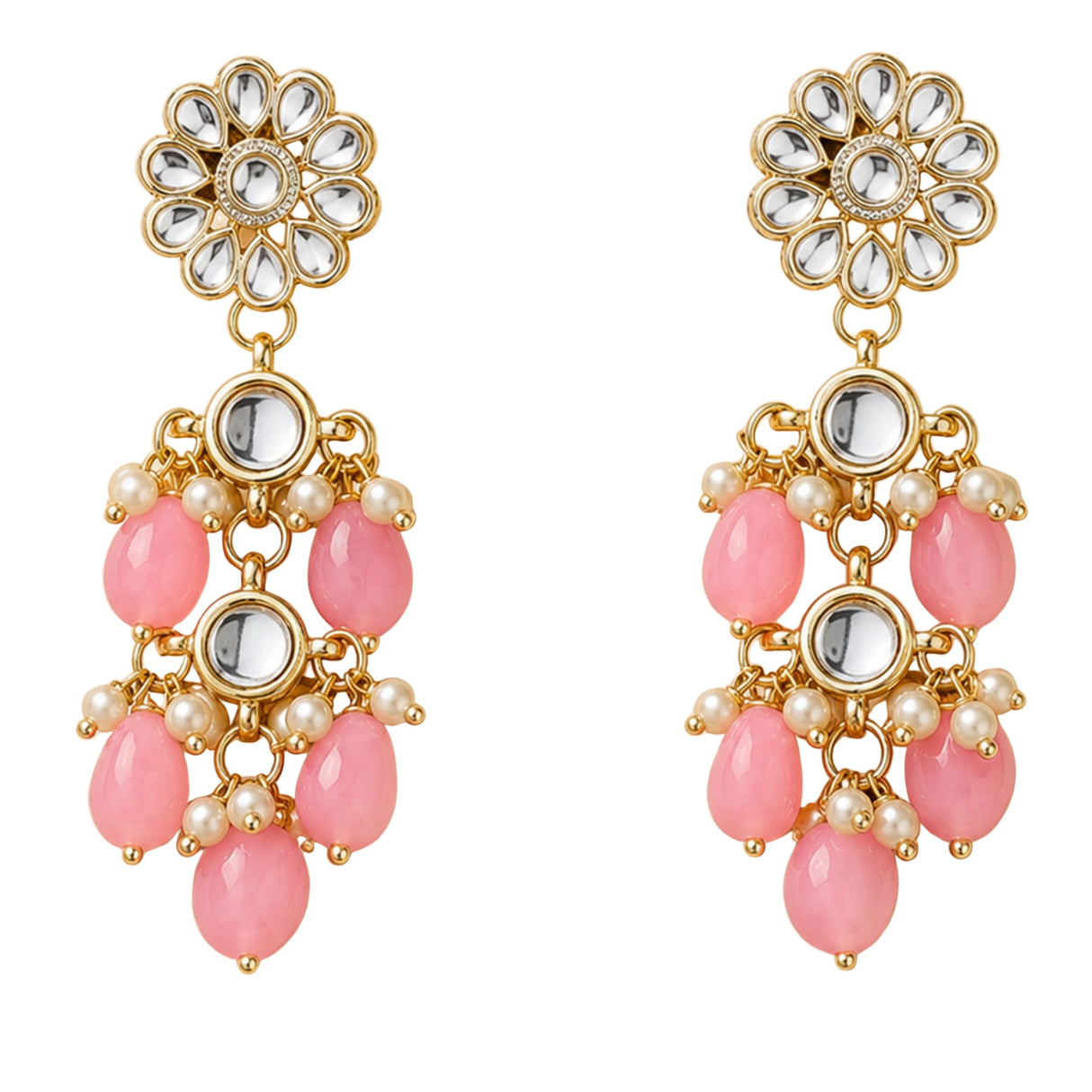 Gold tone indian floral kundan stone earrings with clear stones pink beads and faux pearl accents for ethnic wear