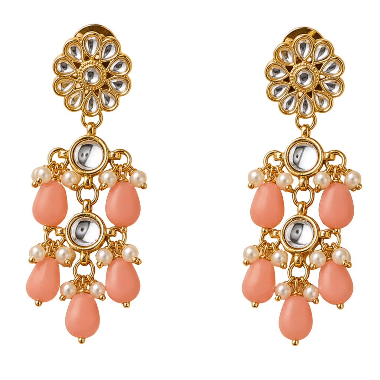 Indian floral kundan stone and faux pearl gold tone earrings with clear stones and peach teardrop beads for ethnic wear